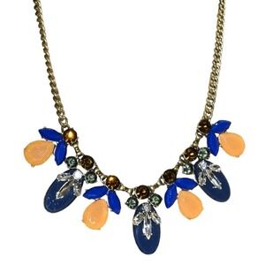 J.‎ Crew Gold Tone Blue Orange Resin Crystal Statement Bib Necklace Adjustable